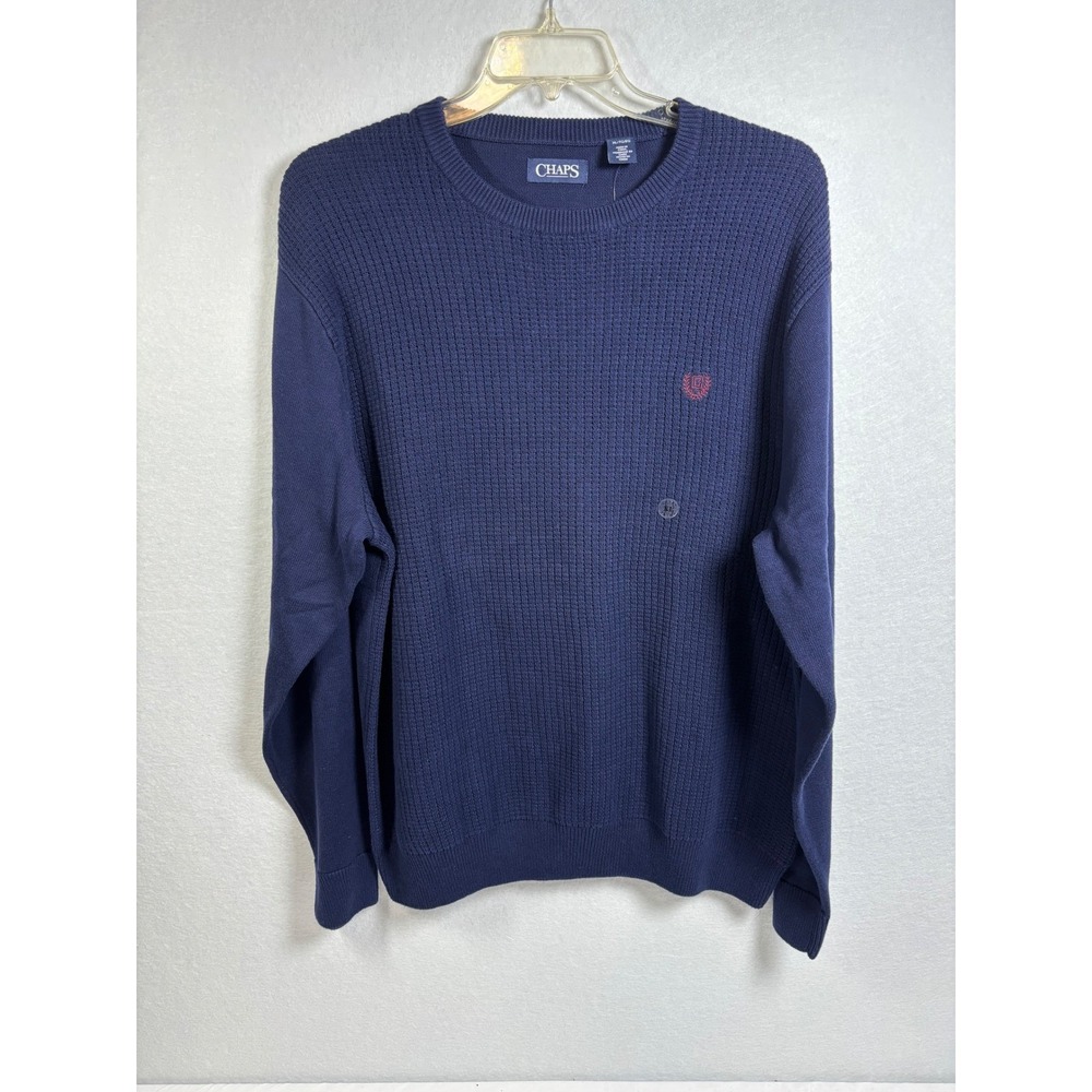 Chaps Sweater Mens XL Navy Blue Cotton Blend Waffle Knit Classic Preppy Pullover